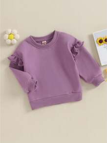 Sudaderas casuales para niñas y niños pequeños, suéteres de manga larga con cuello redondo de color sólido a la moda, camisetas holgadas para niños - Morado - Ver 2