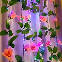 1 pieza Luces decorativas de cuerda con rosa rosa artificial LED, adecuado para fiesta de cumpleaños, dormitorio, fiesta, boda, Día de la Madre, Día de San Valentín, decoración estacional, hogar, chimenea, escalera, cortina, decoración con flores artificiales, 2M 20 luces