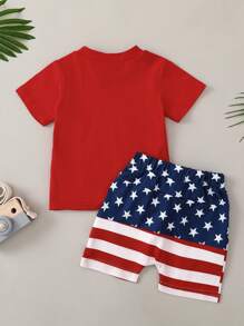 Toddler Baby Boys 4th Of July Outfits, Short Sleeve Letter Print T-Shirts + Knot Front Shorts Set Patriotic Clothes - Red - View 2