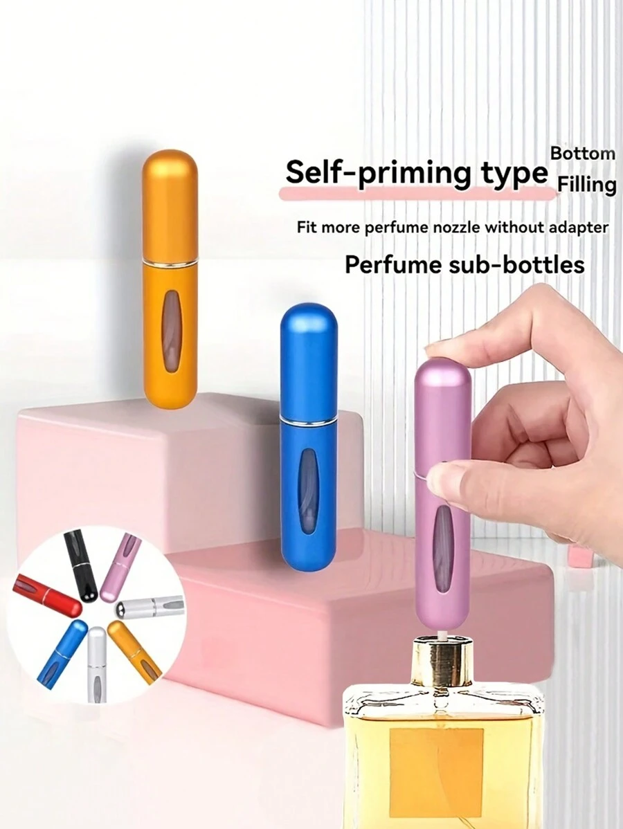 Set de 3 atomizadores de perfume de autorociado de 0.17oz - Compactos, elegantes y portátiles en color dorado, naranja y azul - Metal, sin PVC, con indicadores visuales de recarga, apropiados para viajes y salidas, botellas de fragancias rellenables