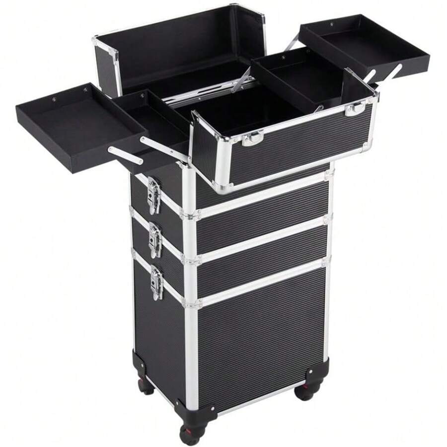 Topeakmart 4 In 1 Professional Rolling Makeup Case Large Cosmetic Train Case Makeup Organizer Case, Makeup Travel Case Travel Makeup Organizer, With Removeable Wheels - Black - Black - View 1