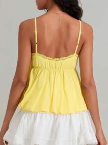 Women's Sweet Slim Camisole Spaghetti Strap Lace Trim V-Neck Flowy Hem Tank Tops - Yellow - View 9