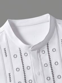 2pcs African Dashiki Outfit For Men, White Color With Geometric Embroidery, Long Sleeve Shirt With Side Slit, Elastic Waist Pants, Casual Streetwear Suit, Suitable For Party, Wedding, Cultural Events, Traditional Ceremonies - 白色 - 查看 6