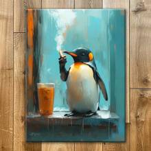 1 Pc Fantastic Penguins With Drinks And Cigarettes Wooden Framed  Canvas Painting Thickness 2.25cm/0.9inch High Quality Wall Art Prints Poster Direct Hanging Wall Picture Decor For Home Gifts, Living Room, Bathroom, Bedroom, Kitchen