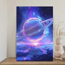 Framed-Futuristic Saturn Canvas Painting - Vibrant Wall Decor For Dining Spaces And Studies,Perfect Gift For Boys Or Girls