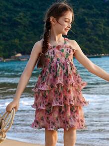 ASK JUNIOR Tween Girls Summer Ruffle Trim Vacation Princess Style Dress