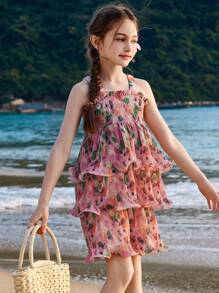 ASK JUNIOR Tween Girls Summer Ruffle Trim Vacation Princess Style Dress