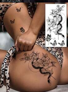 1pc Waterproof Temporary Tattoo, Fashionable & Sexy Snake Floral Butterfly Design, High-End Tattoo Sticker Lasts 3-5 Days, Suitable For Men & Women To Cover Scars On Chest, Waist, Arms, Legs Or Back, Great For Parties, Gifts, Vacations, Easy To Apply And Remove Disposable Body Art Tattoo Sticker