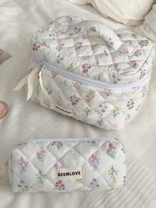1Pc/Set Delicate Fresh Ditsy Floral Quilted Makeup Bag, Vintage Toiletry Pouch With Handle, Multi-Functional Travel Makeup Bag Handheld, Portable Toiletries Bag Set With Zipper, Large Capacity Cosmetic Storage Bag Suitable For Cosmetics, Lipstick, Jewelry, Tissues, Sanitary Napkins, Gift For New Semester, Winter/Early Spring, Anniversary, Valentine's Day, Vacation, Daily Use, Holiday, Mother's Day Gift, New Style In 2025 (Random Cutting).