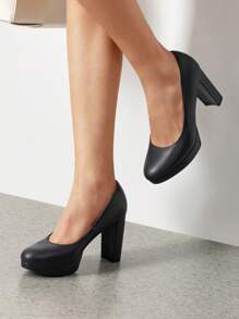 Women's Court Pumps Closed Round Toe Chunky High Heels Platform Work Elegant Comfortable Dress Shoes - 黑色 - 查看 2