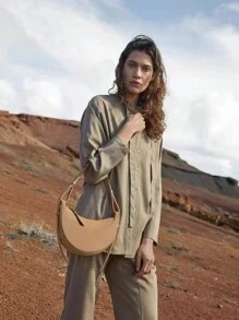 Niche Design Poleno Crescent Bag New Genuine Leather High-End Underarm Bag Single Shoulder Crossbody Saddle Bag Ladies Crescent Bag, PU Leather Crescent Bag, Single Shoulder Crossbody Bag Wallet Handbag Casual Dumpling Bag - 日落黃 - 查看 3