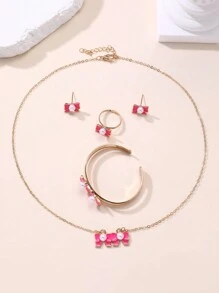 5pcs/Set Elegant Bowknot & Faux Pearl Drop Pendant Jewelry Set, Gift For Girls