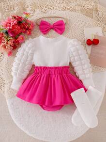 Baby Girl Cherry Embroidery Bow-Knot Decor 2 In 1 Ruffle Bodysuit With Scrunchie, Butterfly Socks 3-Piece Outfit Set - Hot Pink - View 4