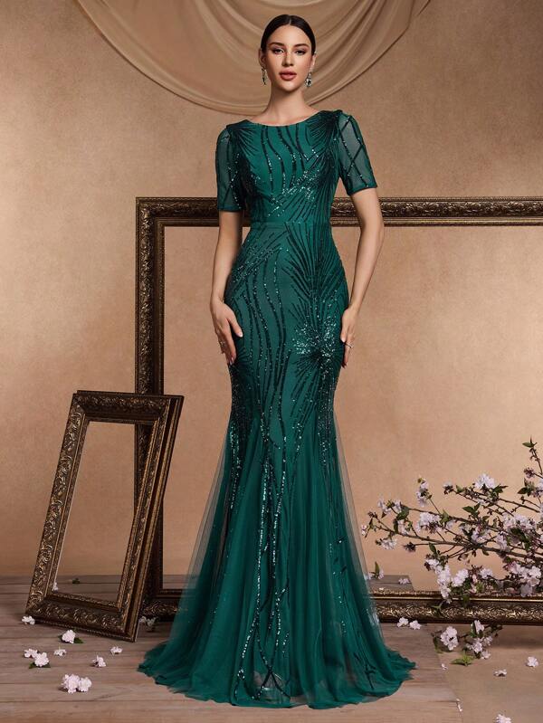 XUIBOL Sequin Mermaid Formal Dress, Elegant Prom Evening Wedding Guest Gown, For Graduation, Dinner Party Dress