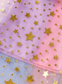Abito estivo da ragazza con stampa unicorno, collo rotondo, maniche corte, spalle arricciate, blocchi di colore, maglia traforata e tulle a stelle