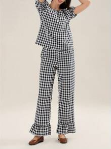 Women's 2 Piece Pajama Set Short Sleeve Stripe/Plaid Print Tops Wide Leg Pants Sleepwear Sets