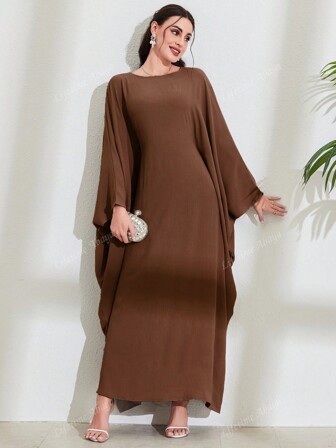 One Piece Women's Solid Batwing Sleeve Long Dress Elegant Long Sleeve Abaya Robe Kaftan Caftan Islamic Clothes,Modest