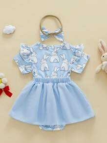 Baby Girls Rompers Dress Easter Clothes Short Sleeve Rabbit Embroidery Skirt Hem Bodysuits Jumpsuits With Headband - Blue - View 3