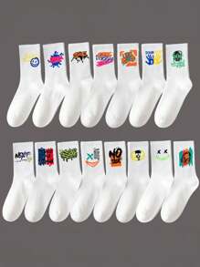 5 Pairs Of Random Men's Striped Cartoon Printing Pattern, Simple Street Fashion Retro Soft And Comfortable Casual Socks, Suitable For Home Leisure Or Outdoor Sports Wear - Black and White - View 6