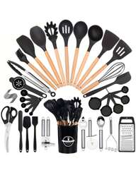 Set di 44 pezzi di utensili da cucina premium in silicone con manici in legno e coltelli - resistenti al calore, antiaderenti, per cucinare e pulire