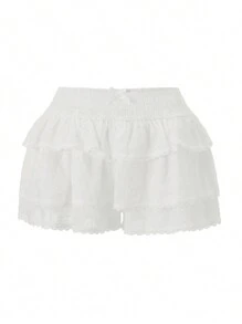 Woman Summer Floral Embroidery White Shorts Lace Trim Layered Ruffled Skirt Shorts Smocking High Waist Shorts - 白色 - 查看 7