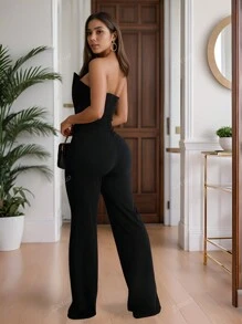Mono elegante de unicolor negro sin mangas para mujer, nuevo para graduación, cena