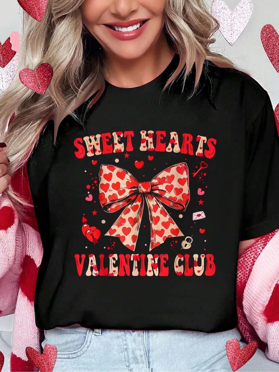 Sweet Hearts Valentines Club Coquette Bow Women Girls XOXO T-Shirt Print Cotton T-Shirt For Summer, Women's Soft Short Sleeve Top, Stylish Comfy Tee For Women Graphic Tees - Black - View 1