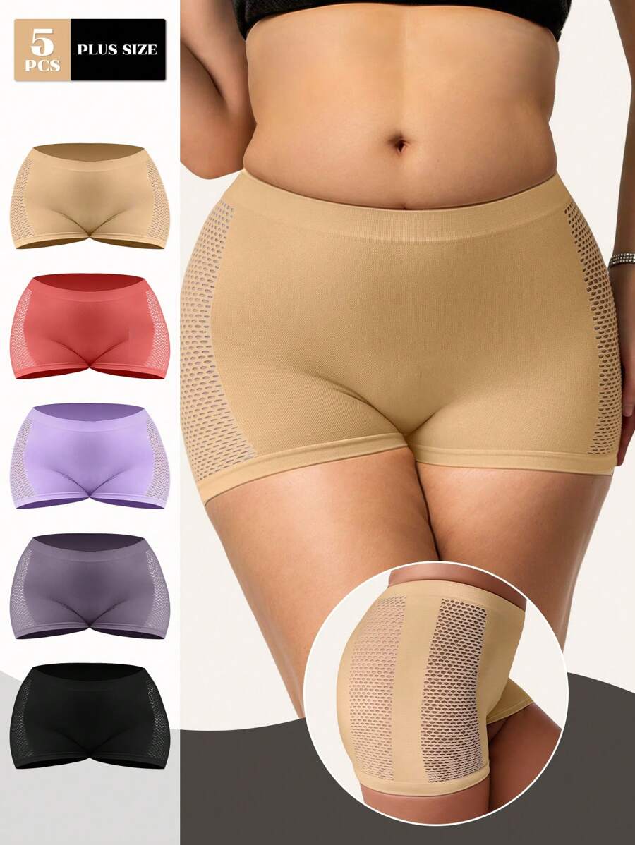 5 件/包大码女式无缝镂空透气高弹力瑜伽短裤、运动紧身裤 - 彩色 - 查看 1