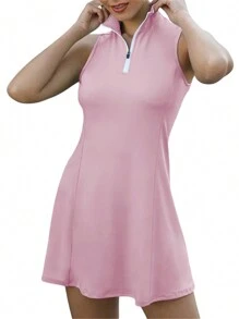 Ladies Summer Sports Suit, Women Solid Color Zipper Stand Collar Sleeveless Slim Tennis Short Skirt + Shorts Set - 粉色 - 查看 4