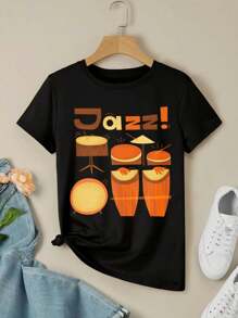 Retro Jazz Drums And Funky Percussion In Brown Yellow Red - Modern Mid-Century Illustration Of Congas Drums Instruments Jazz Music And Vintage 192 For Women's Women T-Women's Shirt