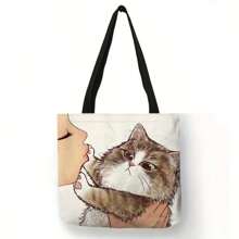 Bolso de mano con estampado de gato de dibujos animados, bolso de hombro de gran capacidad, bolso informal para mujer para compras escolares de trabajo 9YVM - Lindo 5 - Ver 2