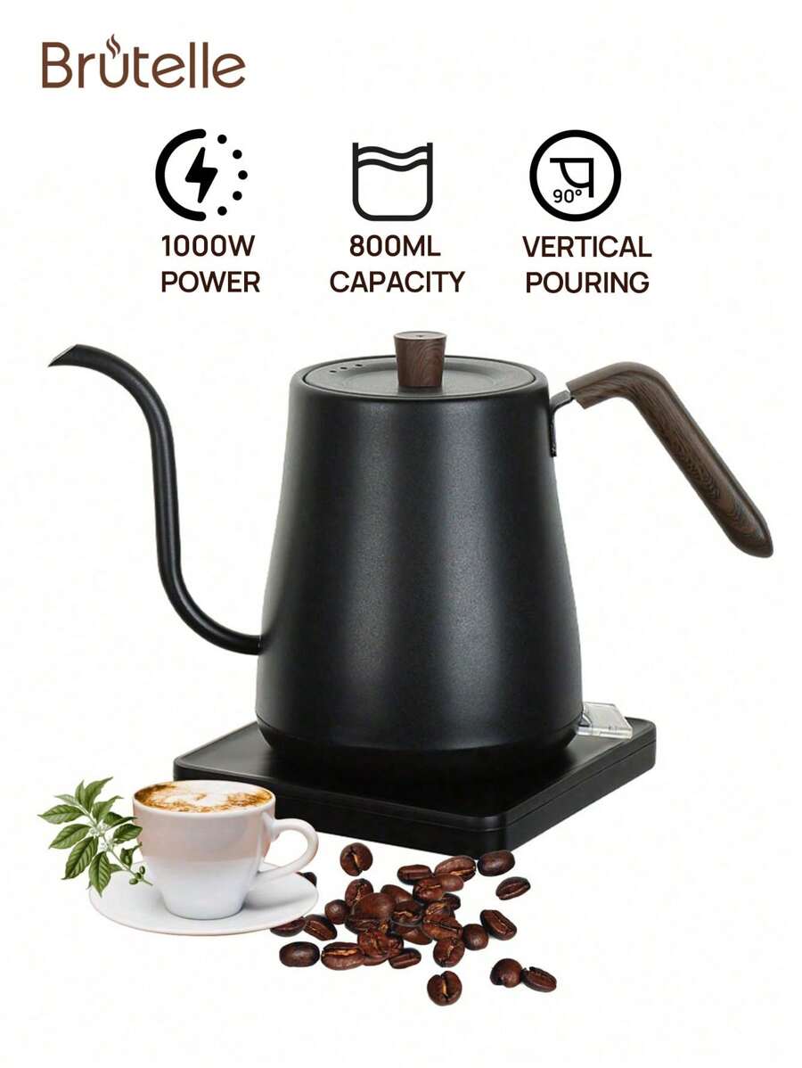 Brutelle 电水壶 V60 手冲咖啡壶鹅颈壶稳水出水304不锈钢磨砂800ML适用于家庭办公室咖啡角 - 查看 1