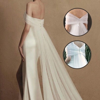 قطعة واحدة من إكسسوار فستان الزفاف الزفاف شبكي نقطي فائق النحافة، مزين بزخارف اللؤلؤ الاصطناعي، غطاء أنيق بدون أكتاف مع أكمام متدلية، قابل للتعديل لحجم الصدر، مناسب لجميع المواسم