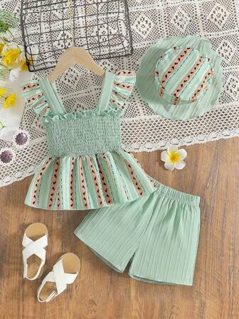 2 件套女童波浪条纹提花拼布几何图案吊带背心上衣 + 短裤套装，时尚优雅装扮配帽子，适合外出、旅行、夏季