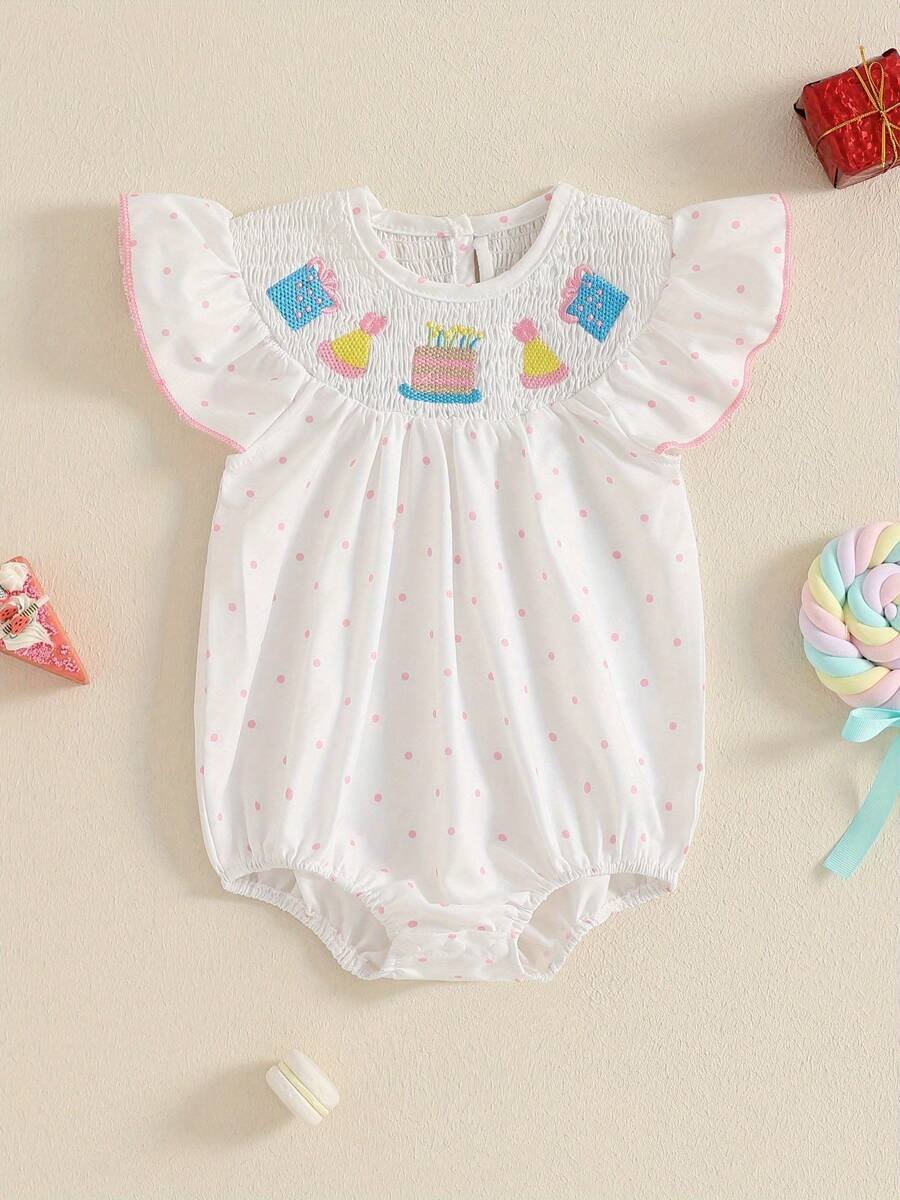 Baby Girls Smocked Romper Birthday Clothes Birthday Cake Embroidery Fly Sleeve Bubble Bodysuits Infant Jumpsuit - White - View 1