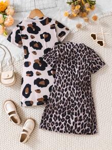 2pcs/Set Young Girl Leopard Print Round Neck Short Sleeve Dress, Summer - Multicolor - View 2