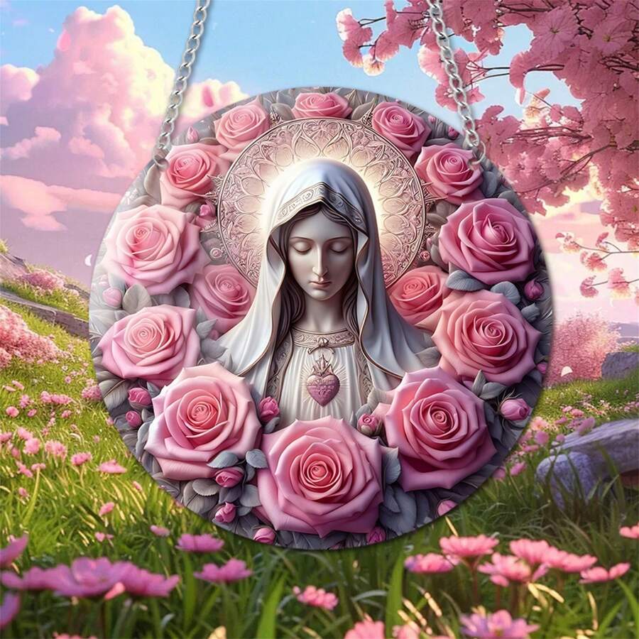 Flower Surrounded Angel Girl Cozy Mother Daughter Acrylic Disc Pendant With String Home Decor - Pink - View 1