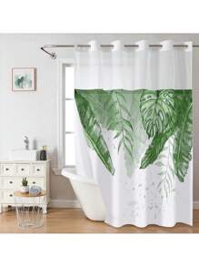 1pc Unhooked Nordic Green Leaf Pattern Shower Curtain, Shower Curtain With Snap-In Fabric Lining, Transparent Ceiling Window, Floral Waterproof Double Tub Curtain , Bathroom Accessories