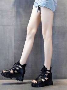 2026 New Summer Hollow Out Breathable Slim Roman Sandals, Versatile High Heel Thick Bottom Platform Wedge Sandals, Waterproof Thick Heel High Heels Sandals - Black - View 2