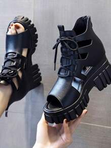 2026 New Summer Hollow Out Breathable Slim Roman Sandals, Versatile High Heel Thick Bottom Platform Wedge Sandals, Waterproof Thick Heel High Heels Sandals - Black - View 3