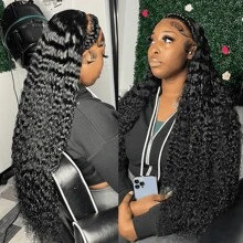 bling hair Perruque Lace Frontal Wig Remy naturelle bouclée, cheveux naturels, Deep Wave HD, 13x6, 13x4, 30 34 pouces, densité 200 - Naturelle & Noire - Voir 7