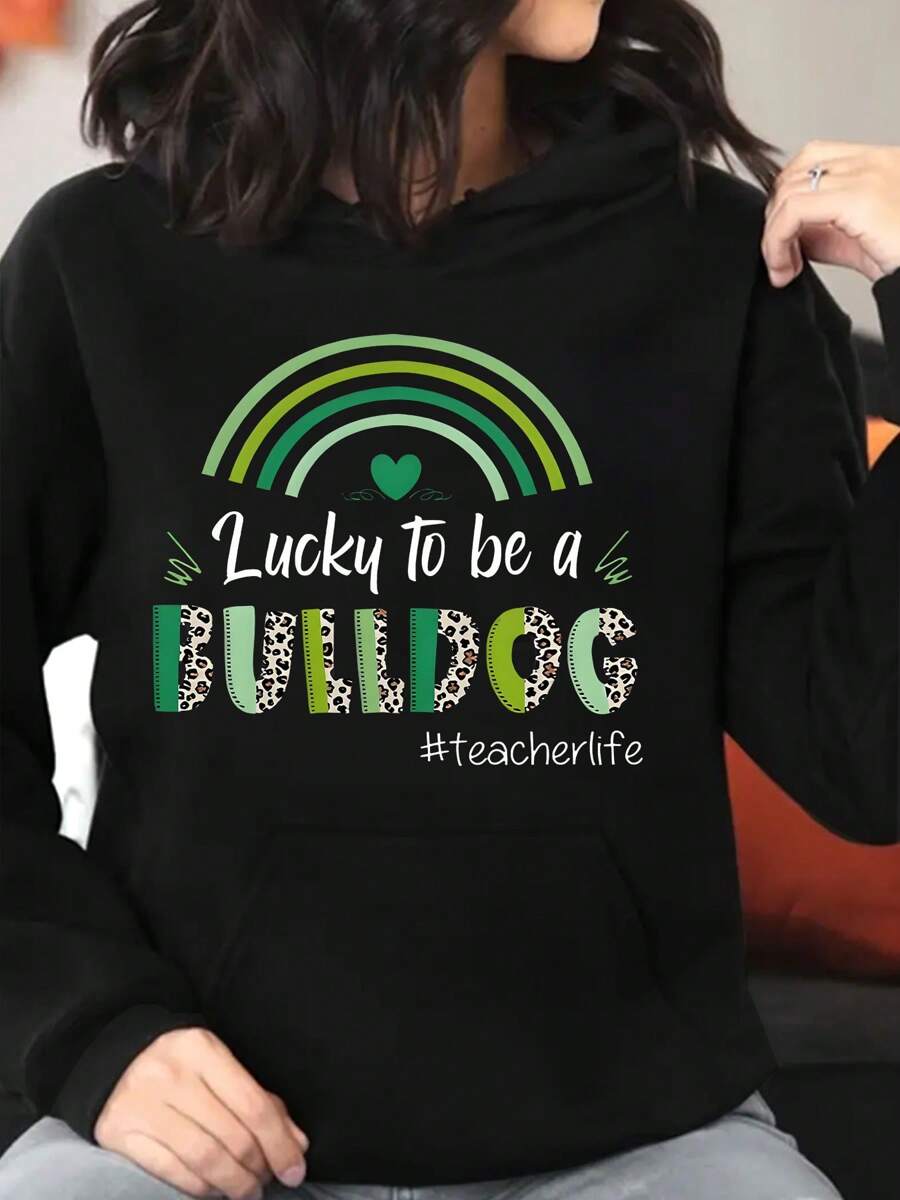 Lucky To Be A Bulldog St Patrick's Day Printed Hoodie Women Sweatshirt Long Sleeve Soft Comfortable - màu đen - Xem 1