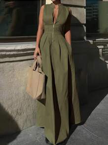 新款时尚休闲百搭无袖女式连衣裙，春夏 - 橄欖綠 - 查看 7