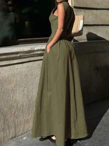 新款时尚休闲百搭无袖女式连衣裙，春夏 - 橄欖綠 - 查看 3