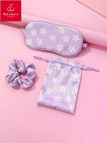 3-Piece Set Includes Satin Fabric Purple Digital Print Eye Mask, Scrunchie & Storage Pouch, Suitable For Daily Wear, Resting & Storage