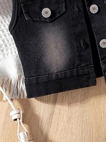 Conjunto de 3 peças para meninas: colete jeans preto lavado com botões prateados + parte inferior jeans preta lavada com bolso contrastante e bainha plissada + blusa suspensória de malha canelada branca, estilo moderno e adorável para primavera/verão - Branco - Ver 5