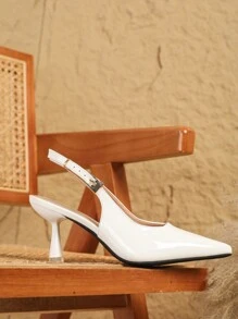 Fall/Winter 2025 Women's White French-Style Pointed Toe Casual Sandals With Thin Heel, Back Open Design, Strap Buckle, Comfortable Elegant High Heels,Elegant,Women Pumps,Elegant,Wedding Outfits - White - View 4