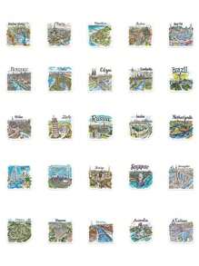 50pcs Handpainted Travel Map Stickers, Cartoon City Style, High-Quality DIY For Phone Case, Waterproof Scrapbooking Stickers,School Supplies,Back To School