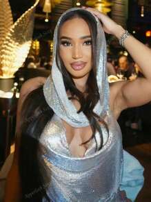 Rave Street 2Pcs Metallic Argent Draped Collar Chain Tie Back Backless Party Club Crop Halter Top With Hat Music Festival