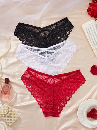 3pcs/Set Women Elegant Sexy Solid Color Lace Briefs Lingerie